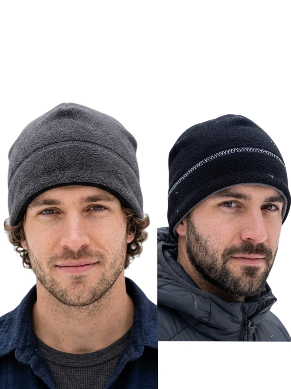 Reversible Fleece Beanie Winter Hat Black Grey Unisex Skull Cap 2-in-1 Design